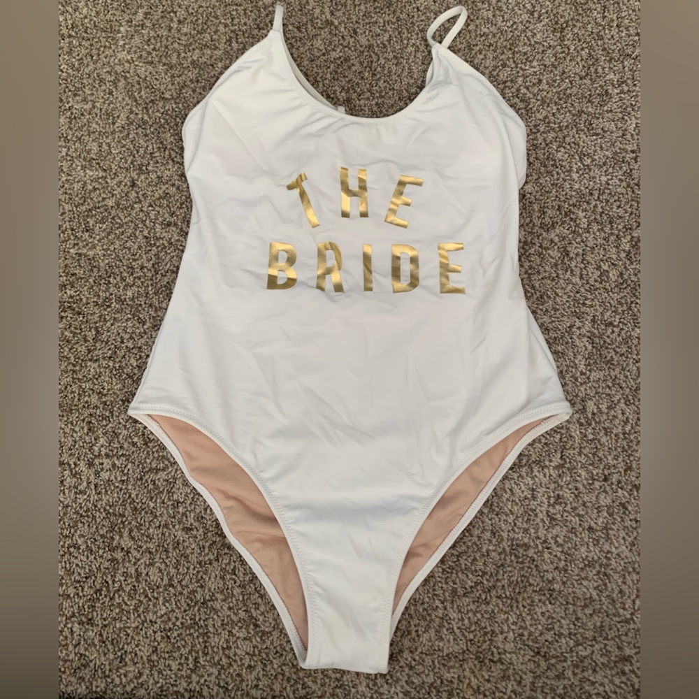 White One-Piece Swimsuit with Gold 'THE BRIDE' Lettering
